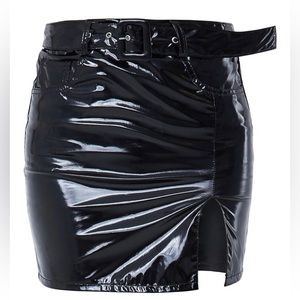 Black Vinyl Belted Mini Skirt